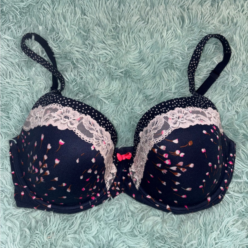 Victoria's Secret Navy and Pink Floral Lace Bra